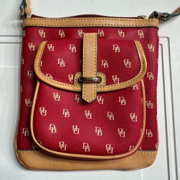 Dooney & Bourke Handbags - Dooney & Bourke Leather Letter Carrier Crossbody Red Tan Monogram Bag Purse